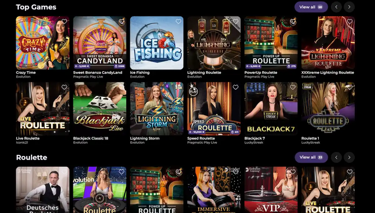 HighFlyBet Live Casino – Tischübersicht mit Roulette, Blackjack und Game Shows